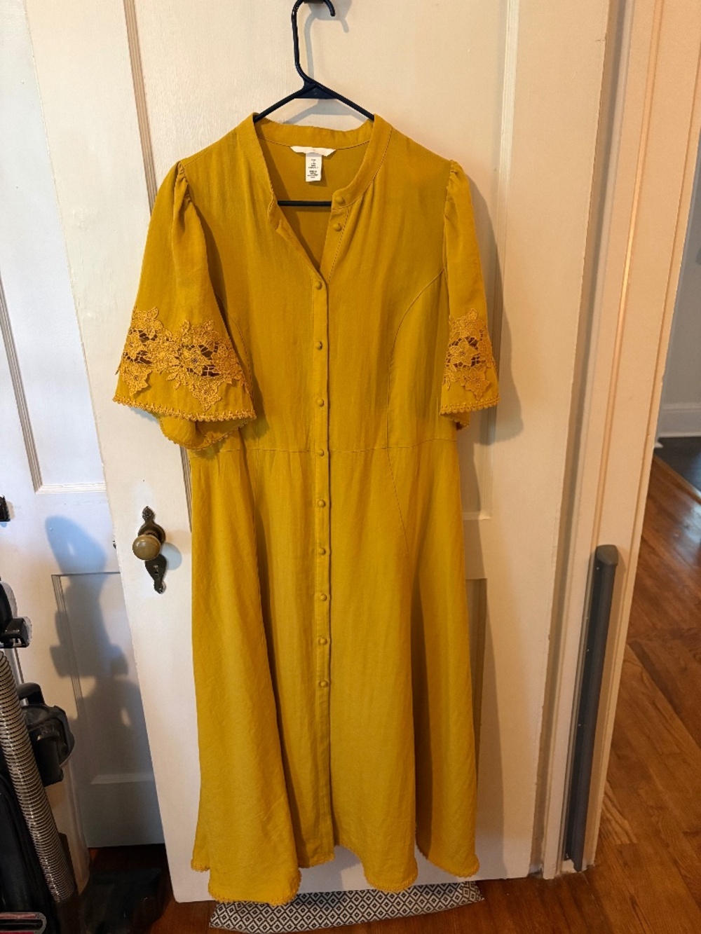 H&M Dark Yellow Crinkle Dress with Eyelet Embroidery